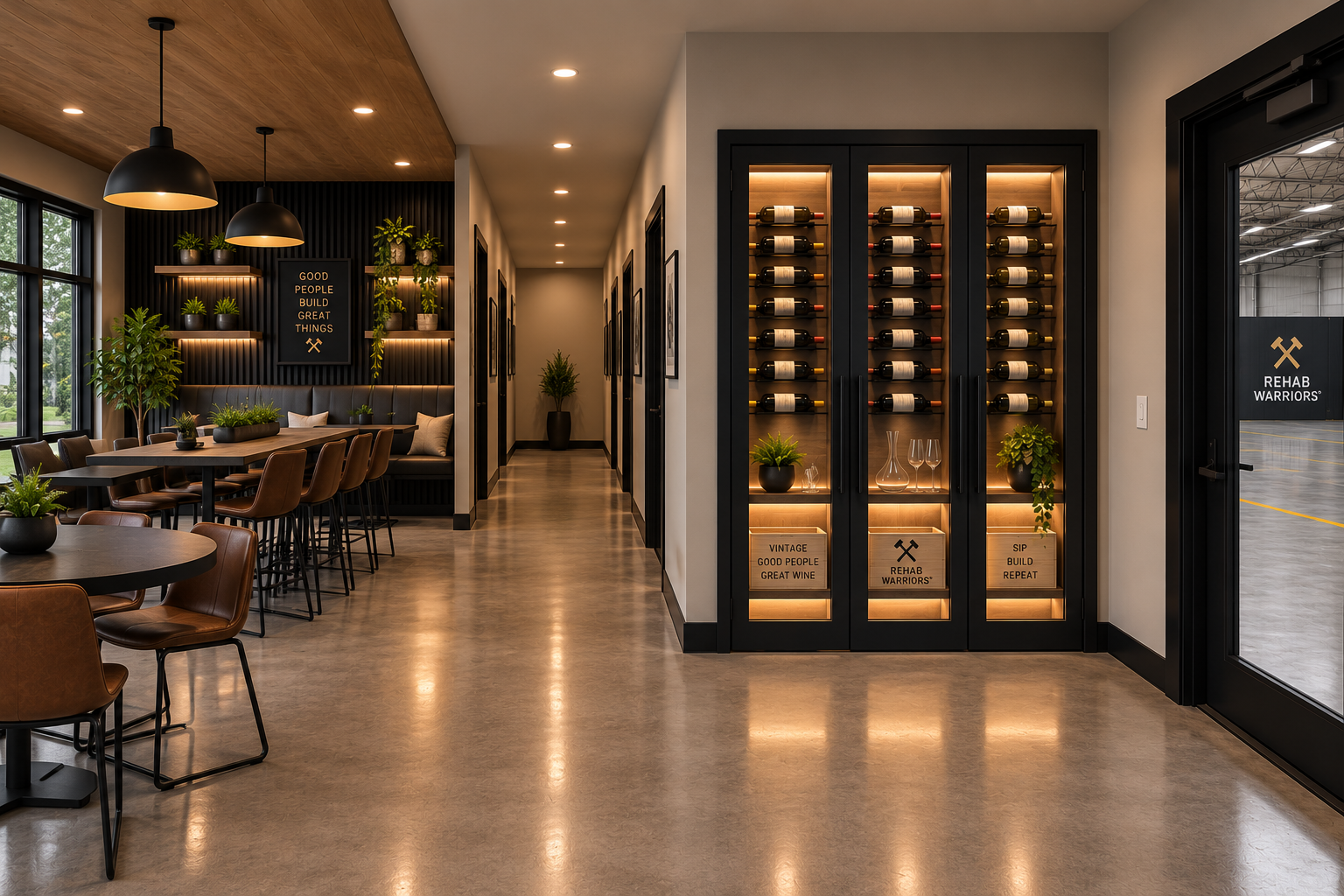 Proposed break room with communal seating and a glass-front wine wall