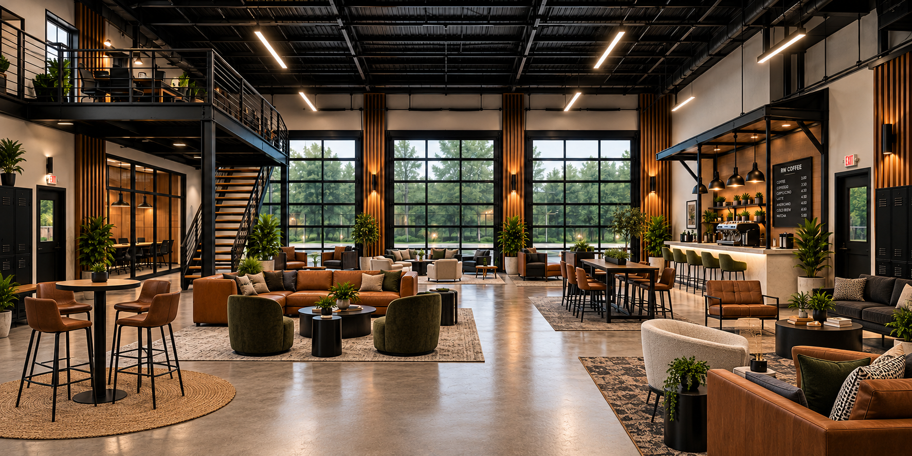 Proposed apparatus bay lounge with mezzanine offices, glass bay doors and RW Coffee bar